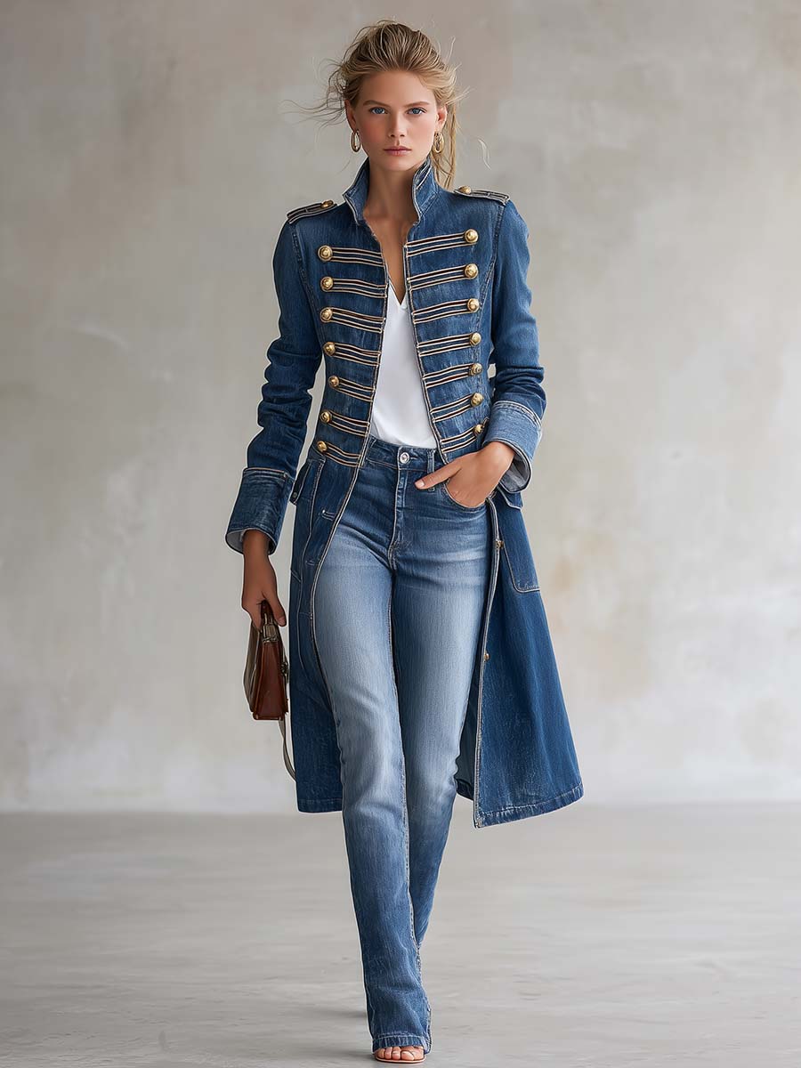 Hortense | Manteau long en jean cintré style militaire à boutons dorés