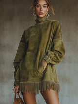 Robe oversize effet daim avec franges grise – vue de face