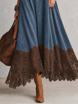 Camille robe longue effet daim bleue – détail ourlet en dentelle