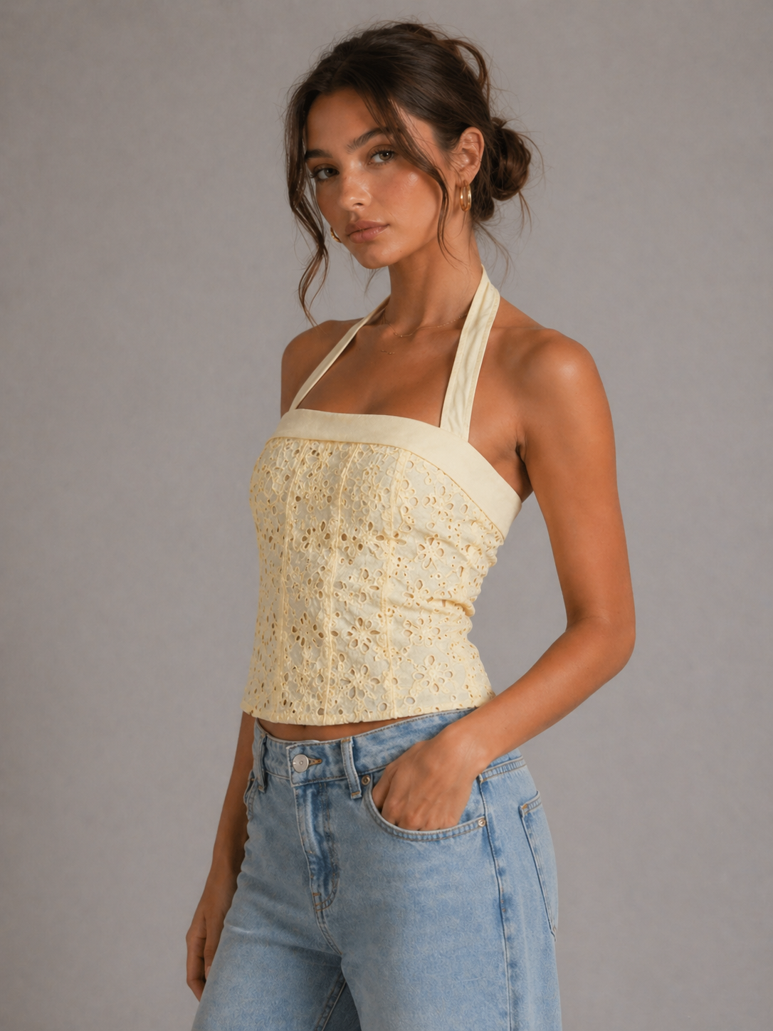 ROSELLE – TOP BUSTIER BRODÉ À BRETELLES HALTER
