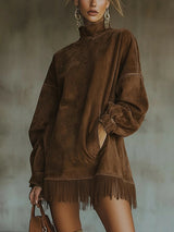 Robe oversize effet daim avec franges marron – vue de face