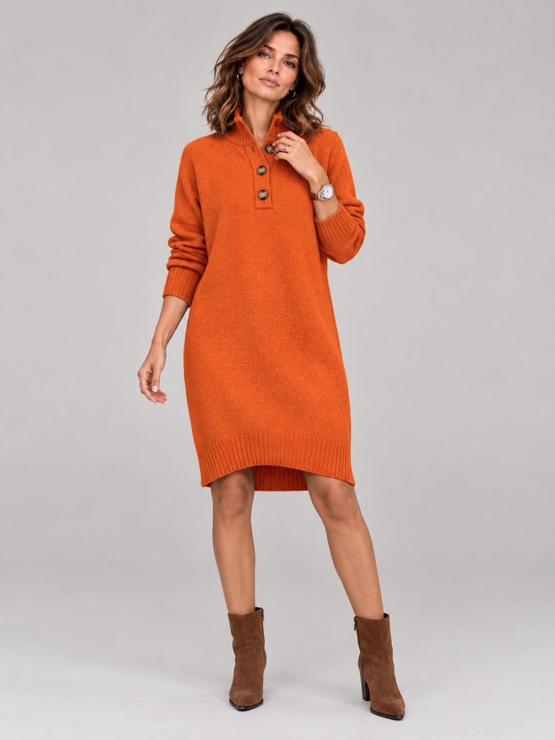 Lorène™ | Robe pull à col boutonné