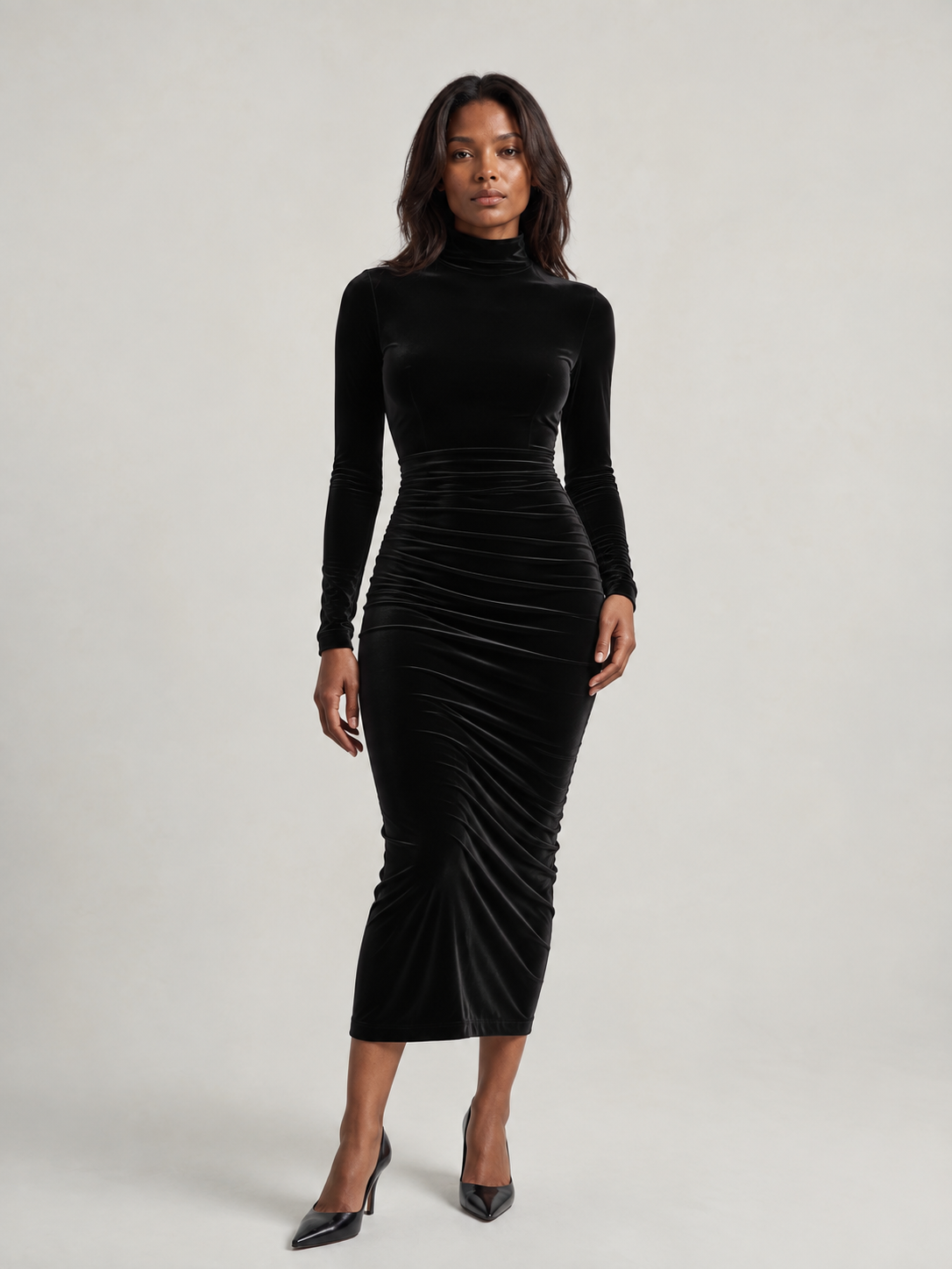 Robe Midi en Velours Noir Élégance – Luxe Intemporel