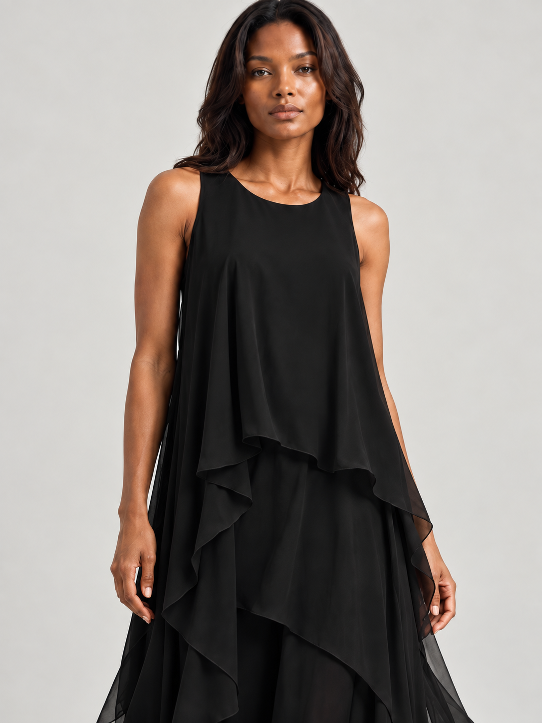 Élina | Robe longue fluide noire avec superpositions légères et style élégant