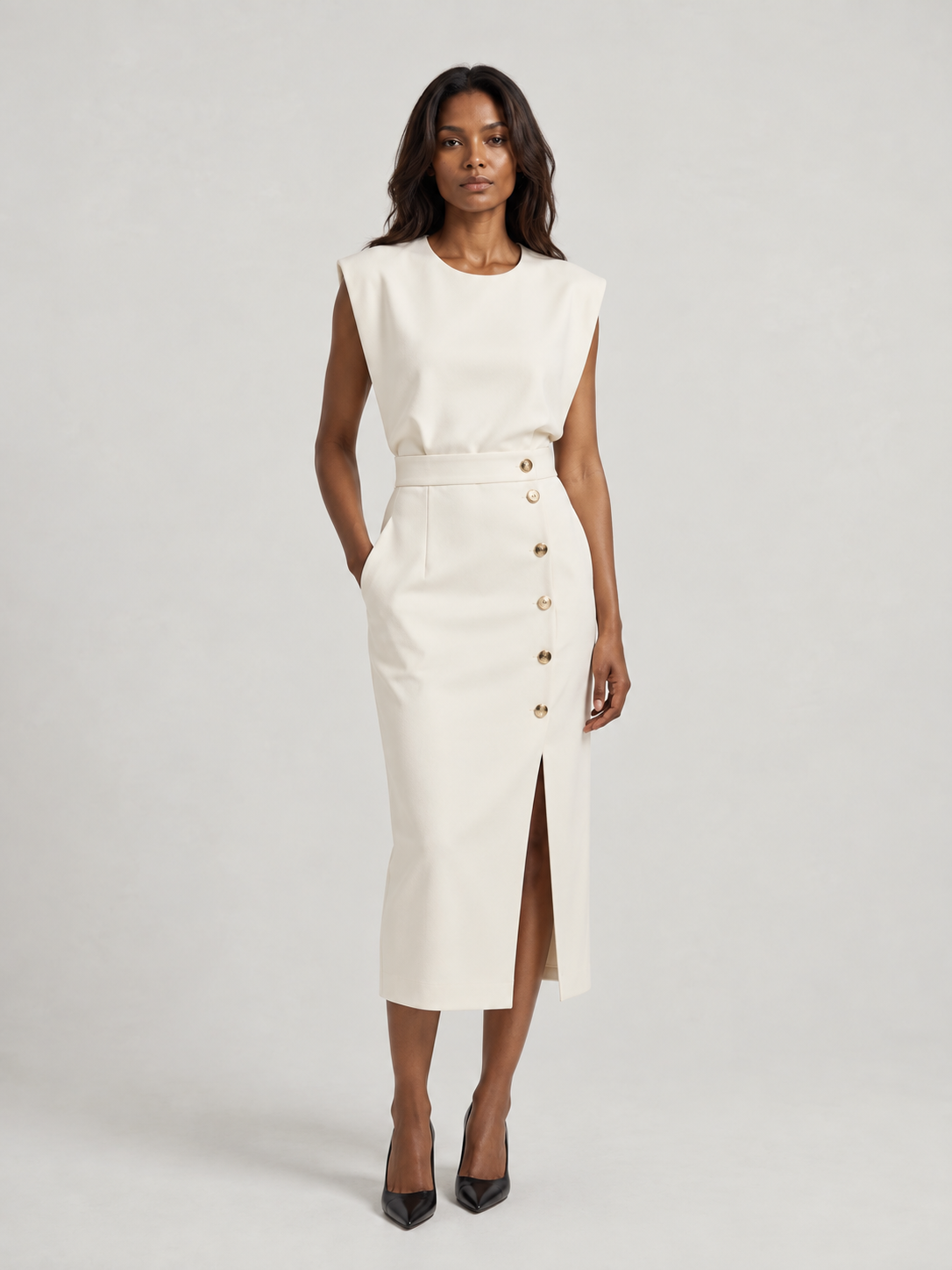 Sophie™ | Robe midi ajustée avec boutons dorés