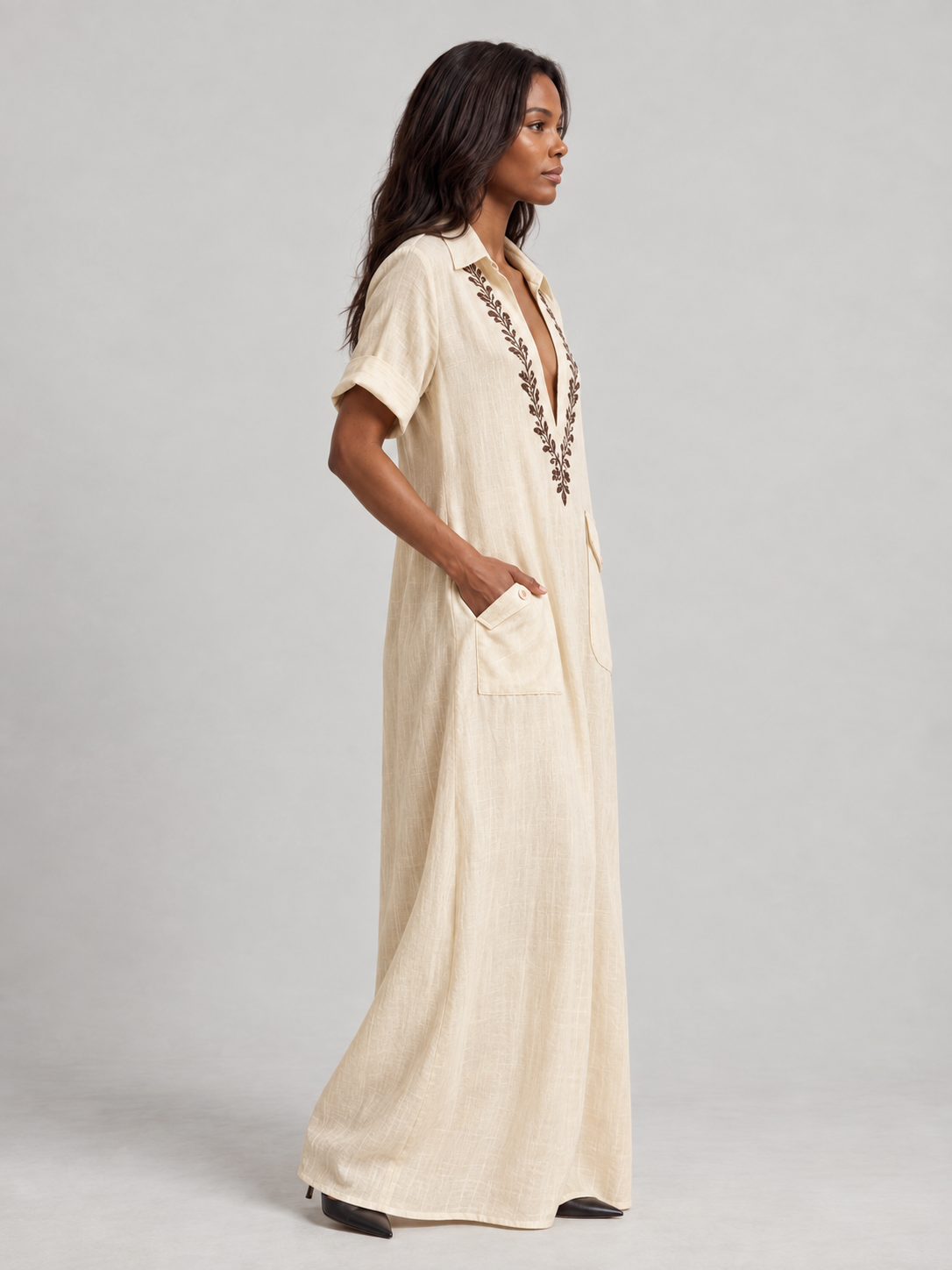 Camille | Robe longue bohème élégante avec broderie et coupe fluide