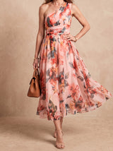 Robe asymétrique fleurie Elena rose – vue de face