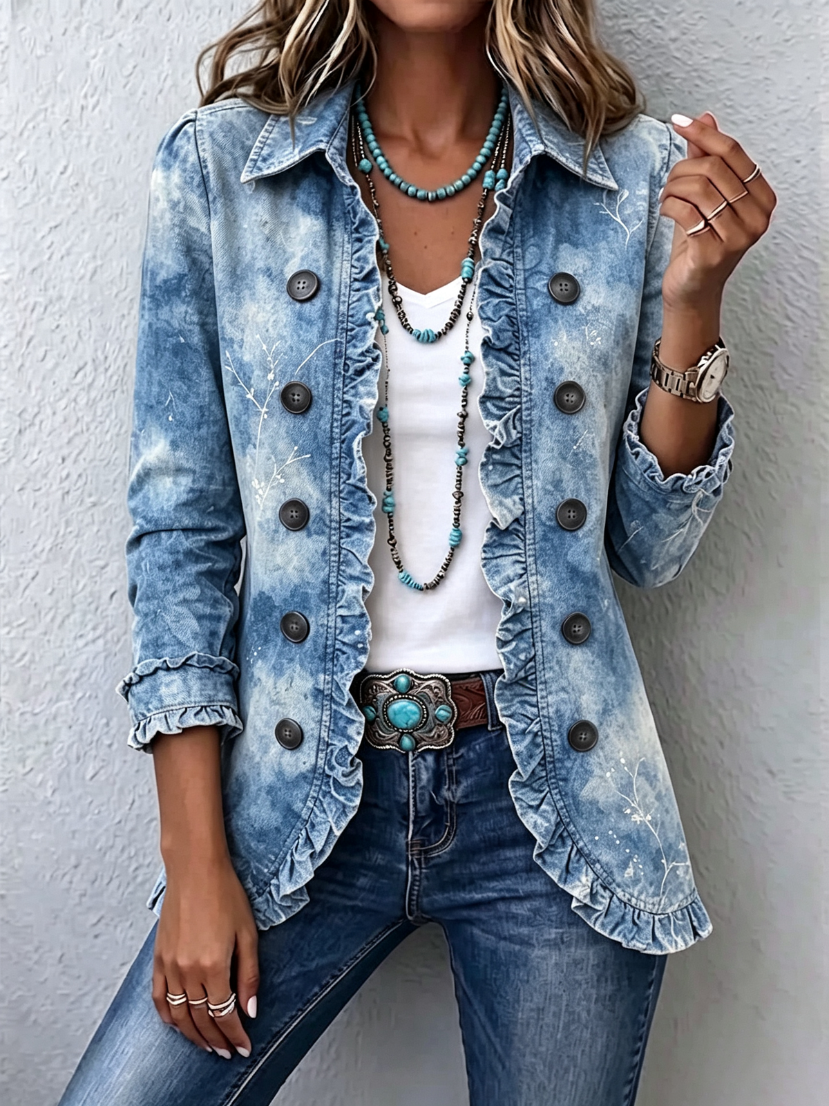 Jeanne™ | Veste bohème imprimée botanique vintage dégradée et volants
