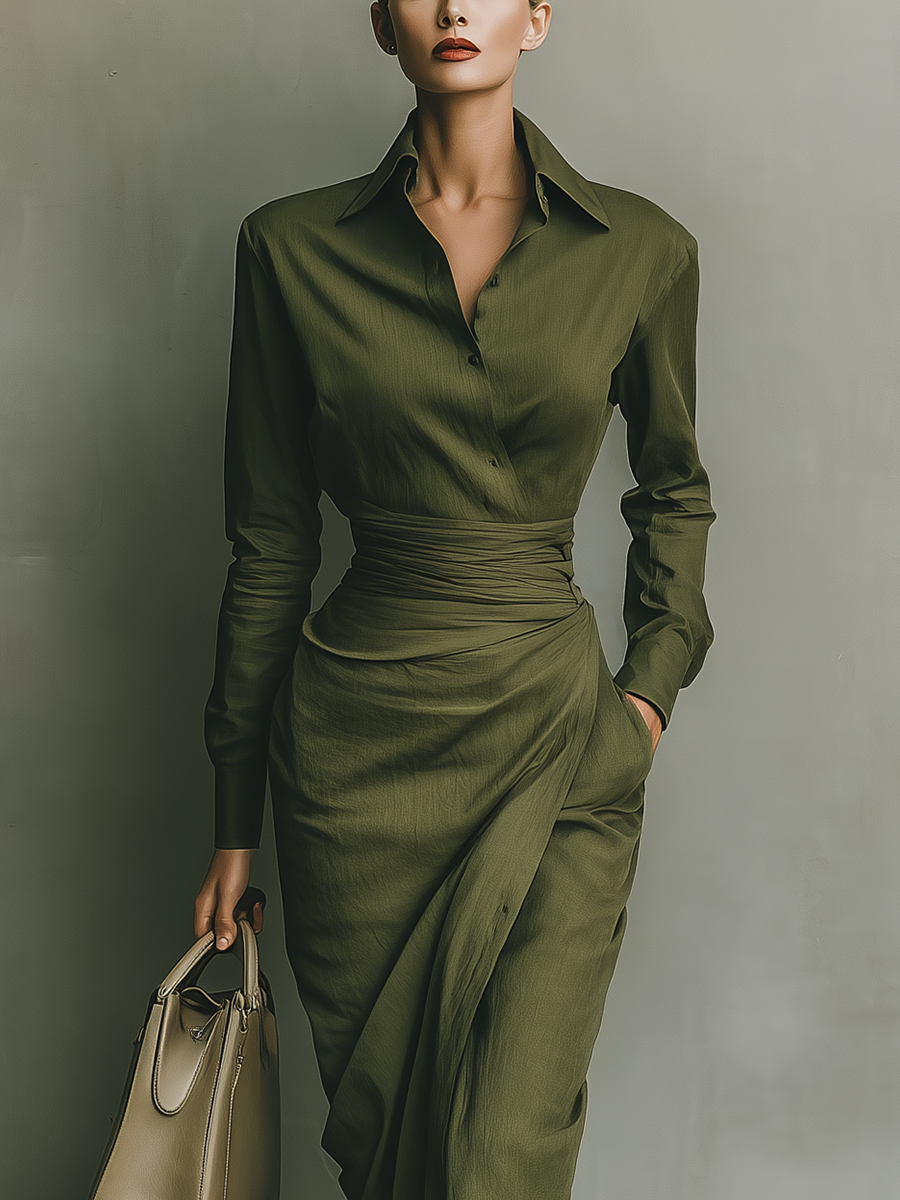 Robe portefeuille satinée avec ceinture – Vert élégant