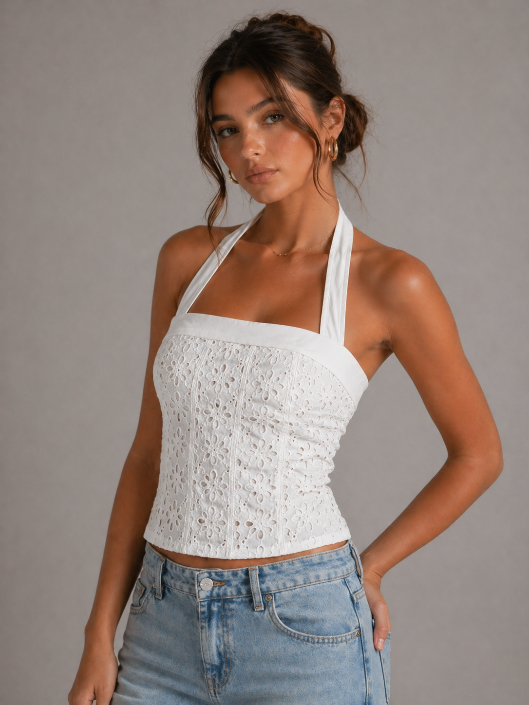 ROSELLE – TOP BUSTIER BRODÉ À BRETELLES HALTER