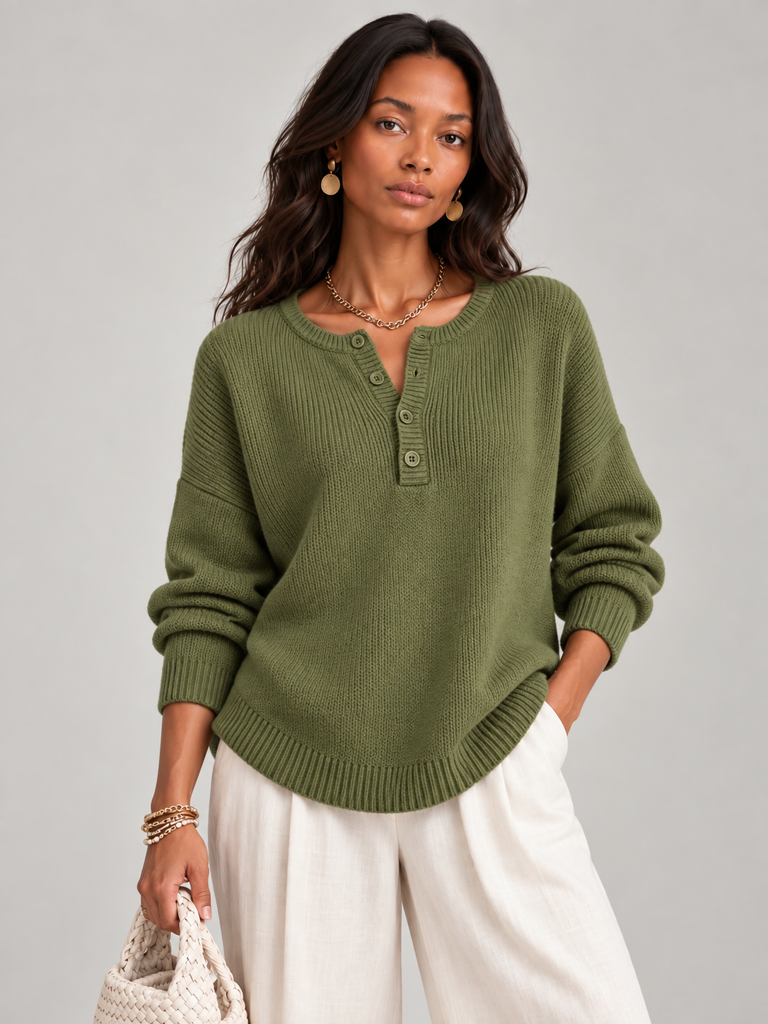 Hélène™ | Pull en tricot avec boutons Henley