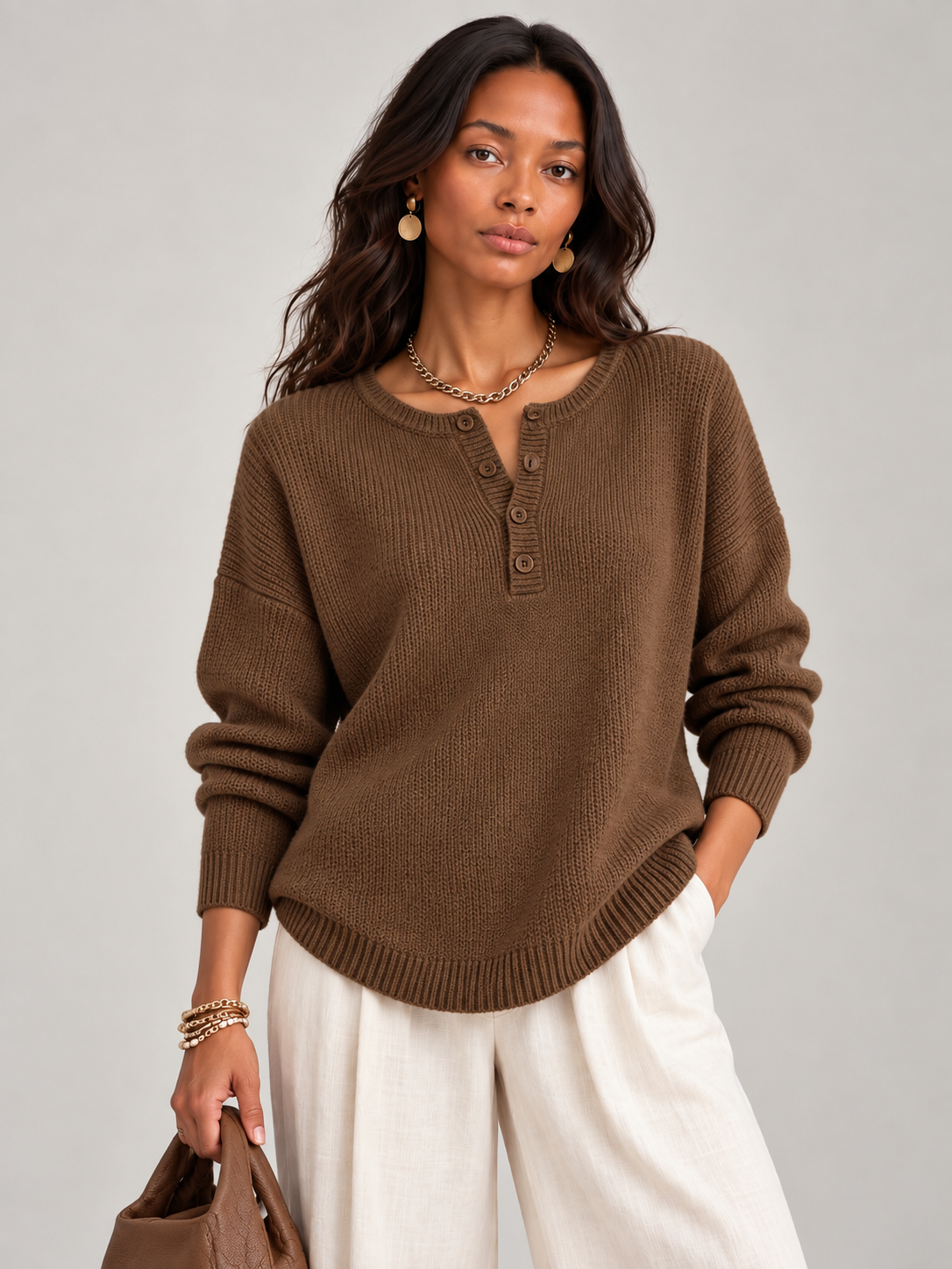 Hélène™ | Pull en tricot avec boutons Henley