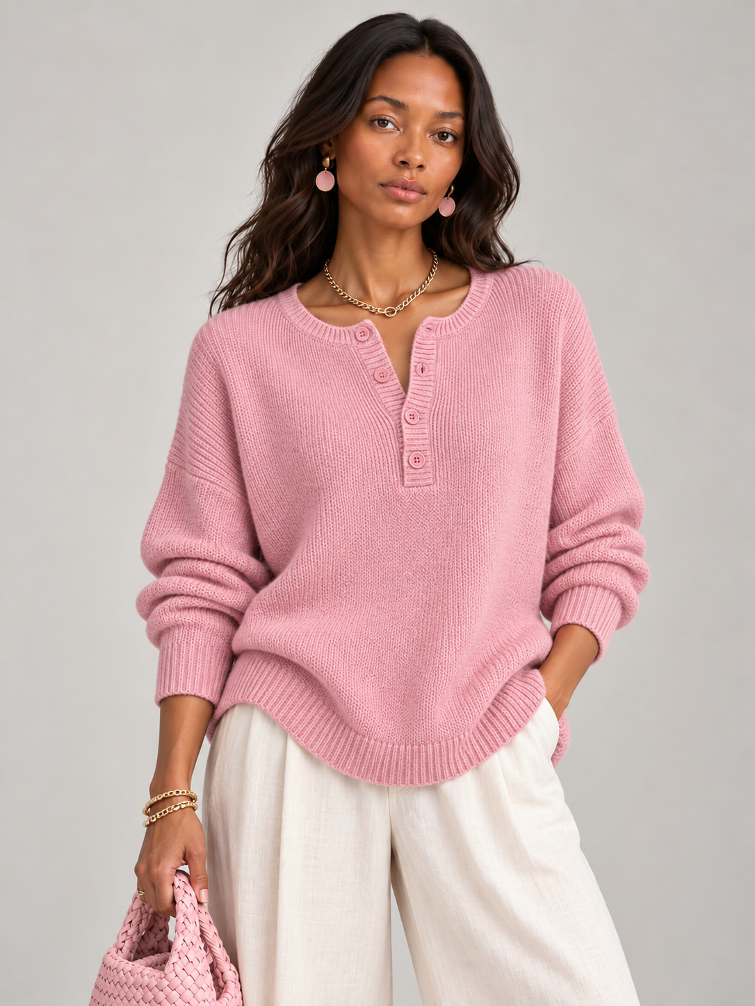 Hélène™ | Pull en tricot avec boutons Henley