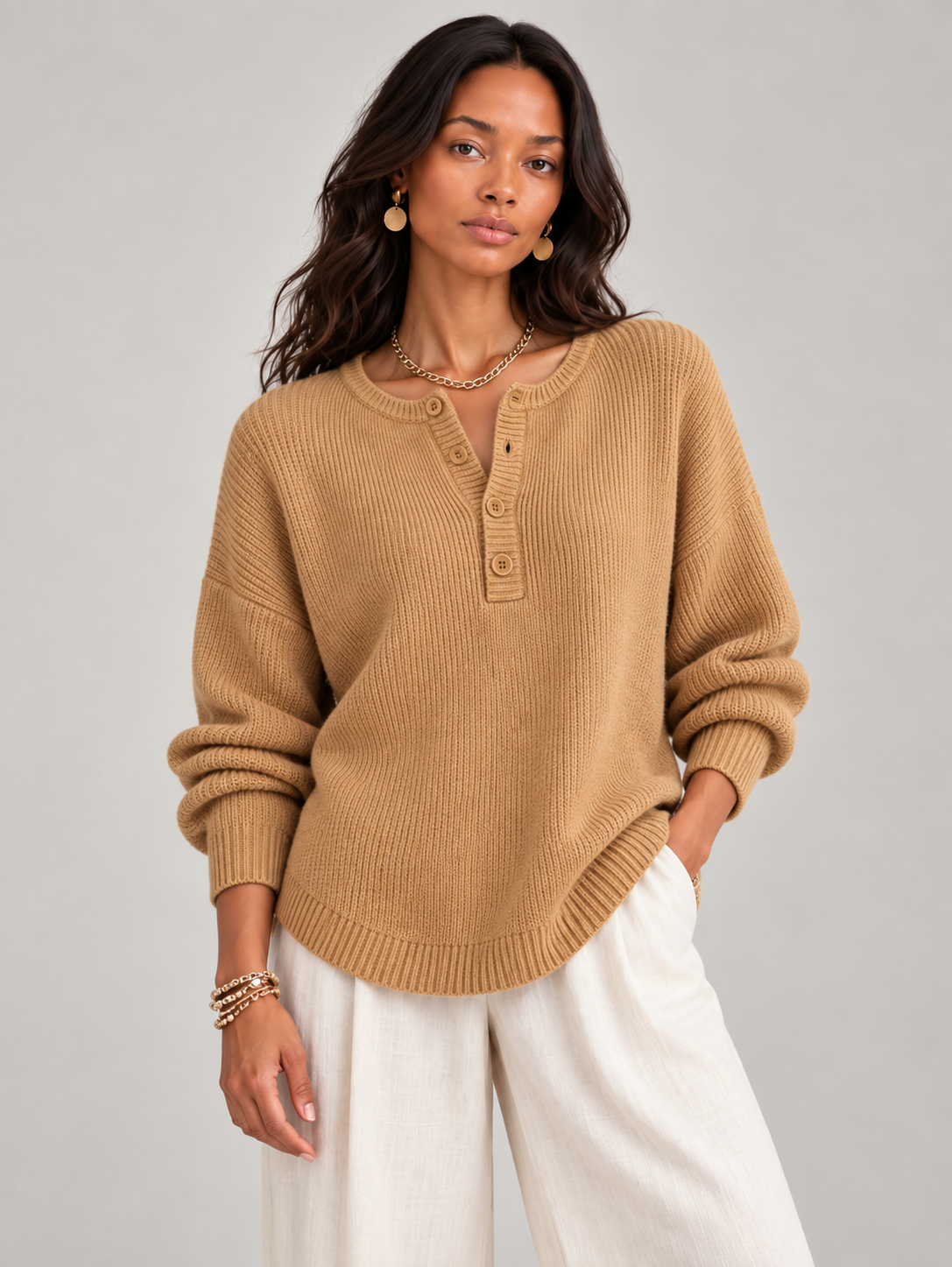 Hélène™ | Pull en tricot avec boutons Henley