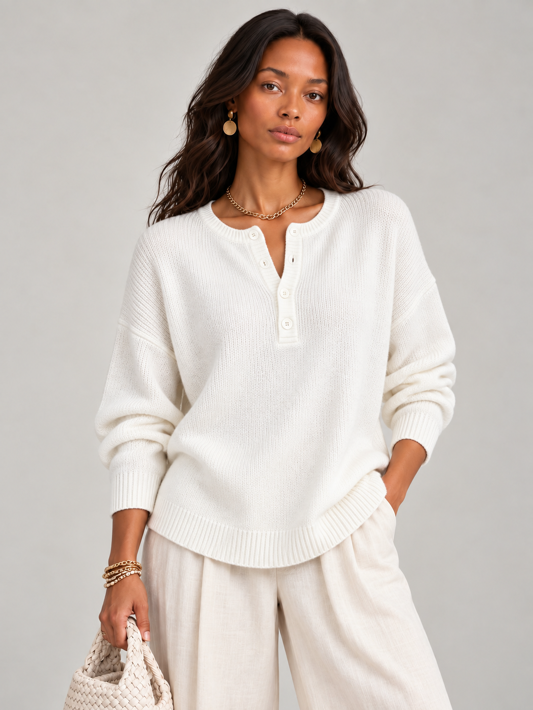 Hélène™ | Pull en tricot avec boutons Henley