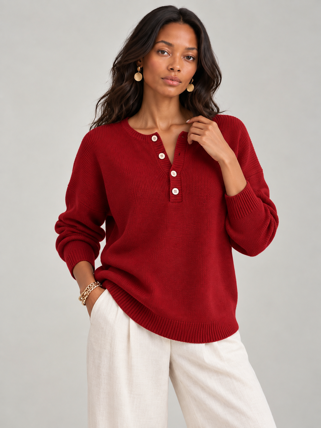 Hélène™ | Pull en tricot avec boutons Henley