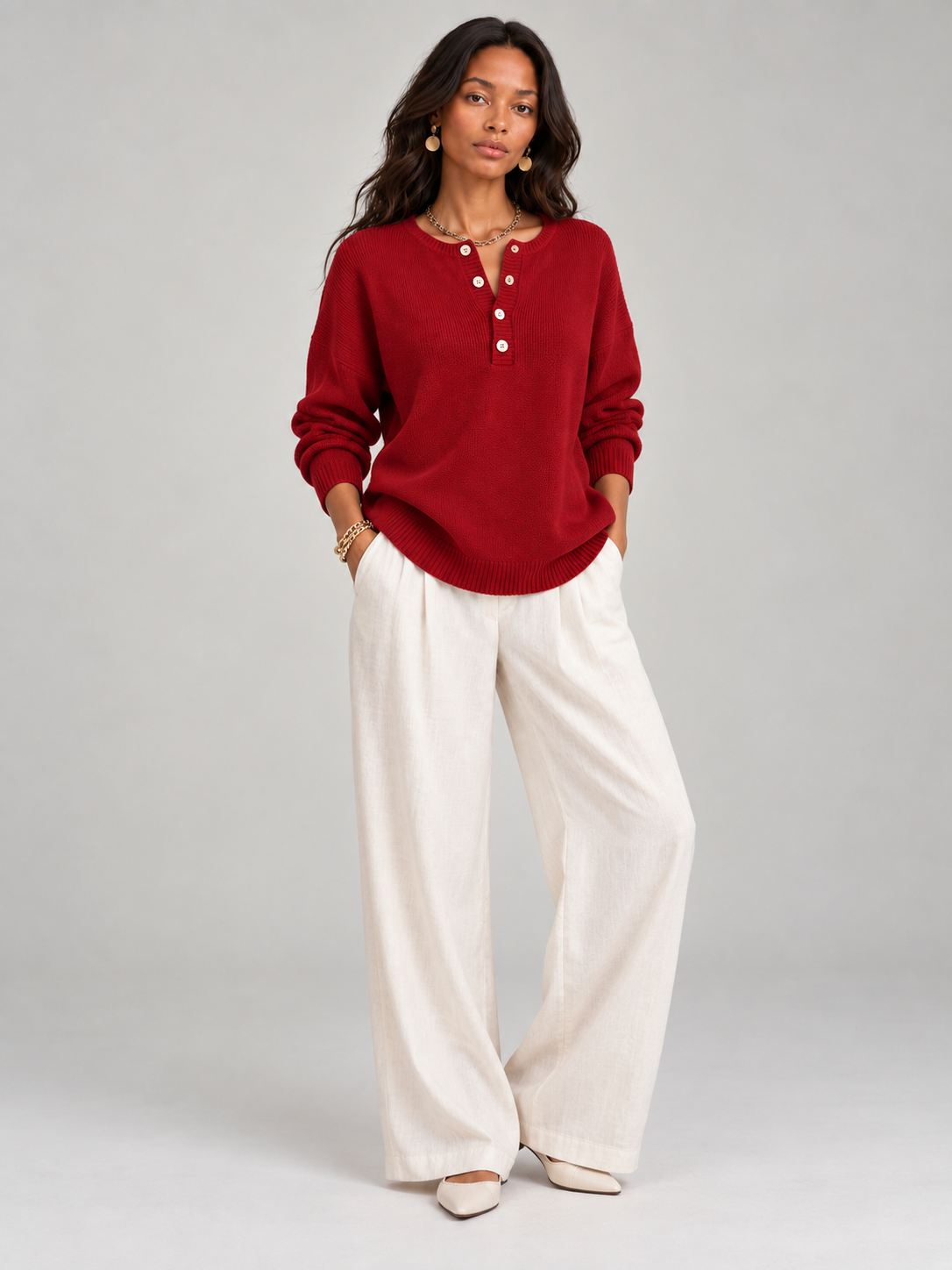 Hélène™ | Pull en tricot avec boutons Henley