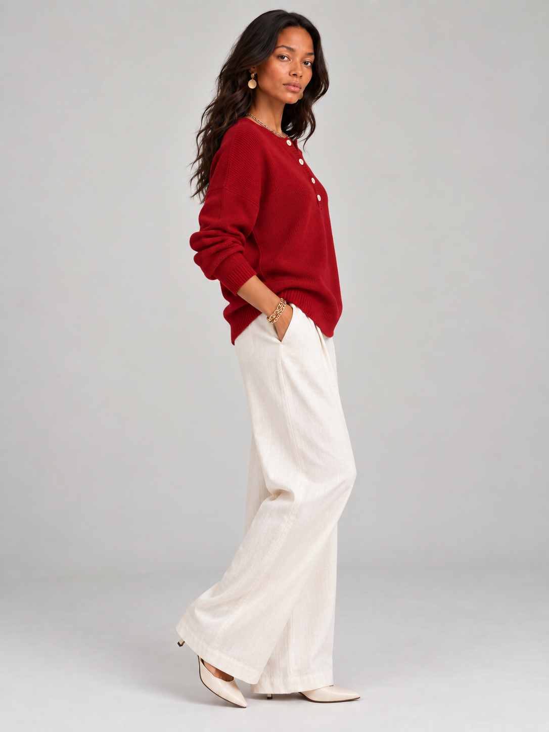 Hélène™ | Pull en tricot avec boutons Henley