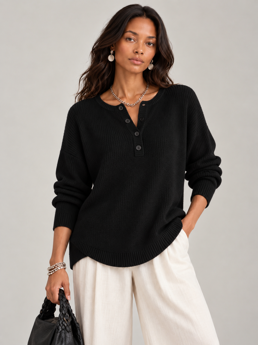 Hélène™ | Pull en tricot avec boutons Henley