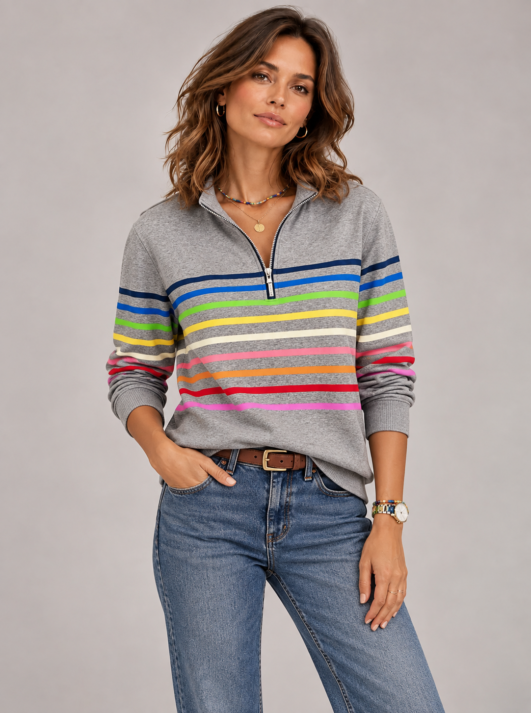 Émilie™ | Pull rayé à col zippé