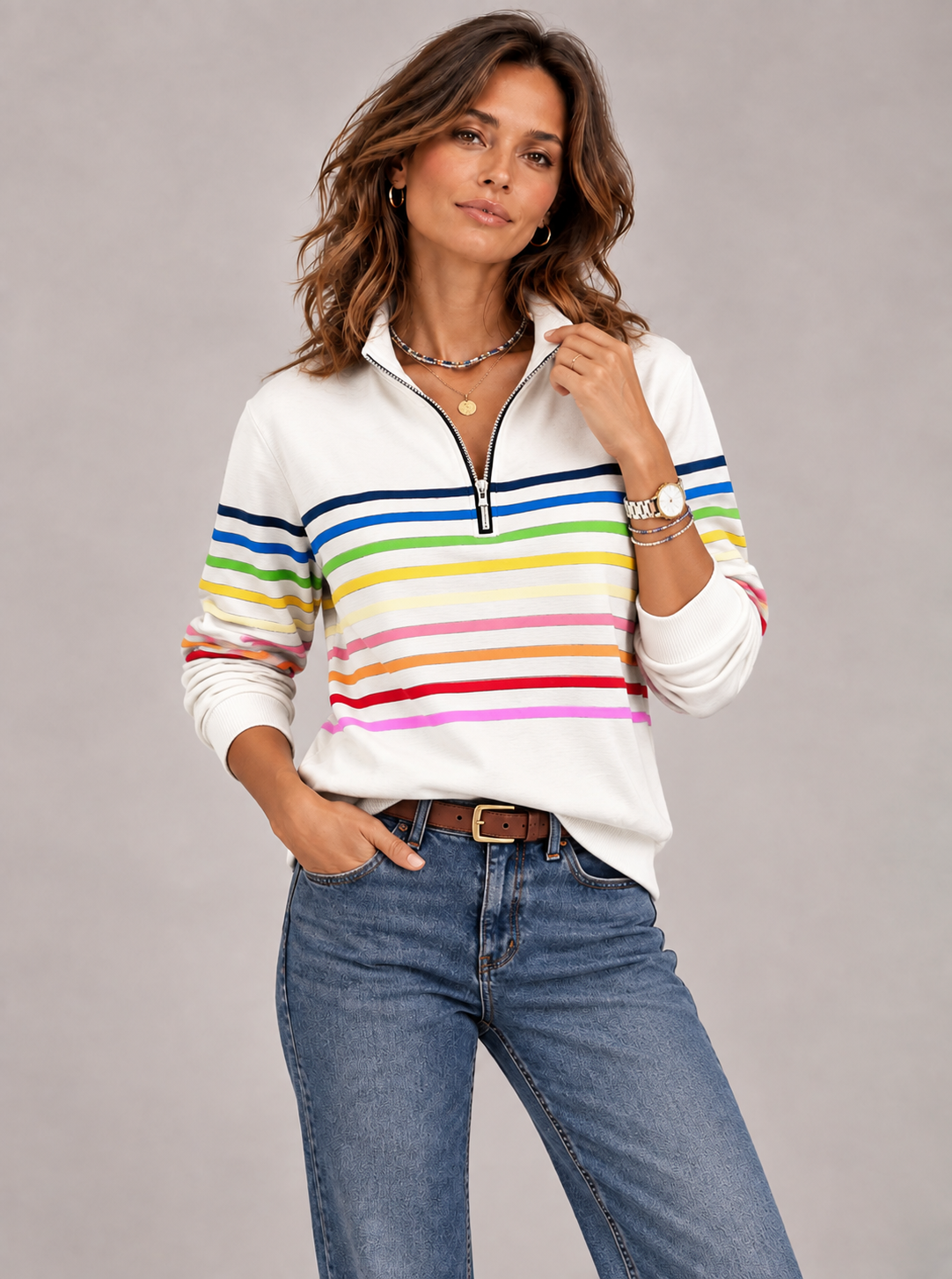 Émilie™ | Pull rayé à col zippé