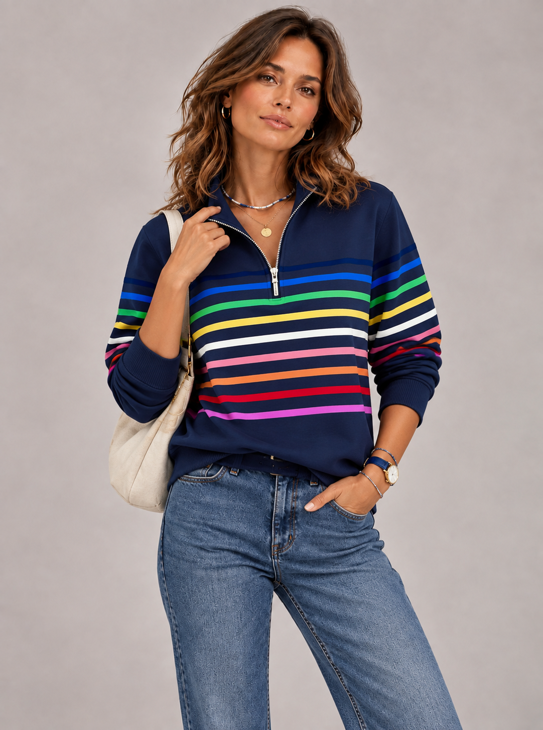 Émilie™ | Pull rayé à col zippé