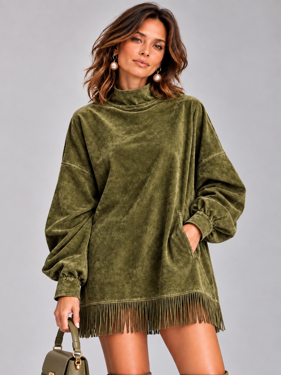 Élise™ | Pull oversize à col montant et franges
