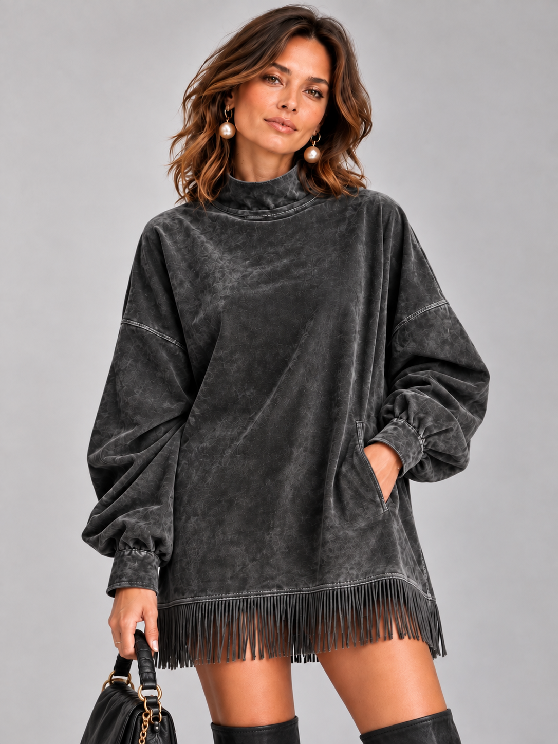 Élise™ | Pull oversize à col montant et franges