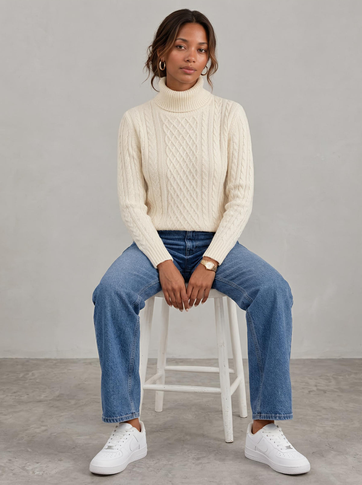 Pull torsadé à col roulé en maille douce