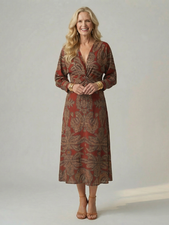 Camille | Robe midi élégante imprimée avec taille croisée et style raffiné