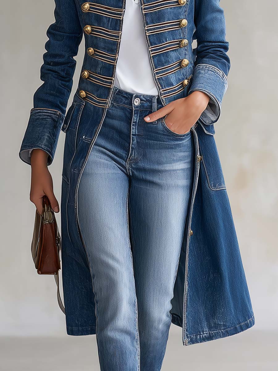 Hortense | Manteau long en jean cintré style militaire à boutons dorés