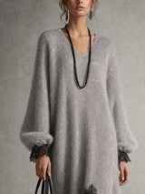 Noémie robe pull en maille scintillante grise – détail manches et col