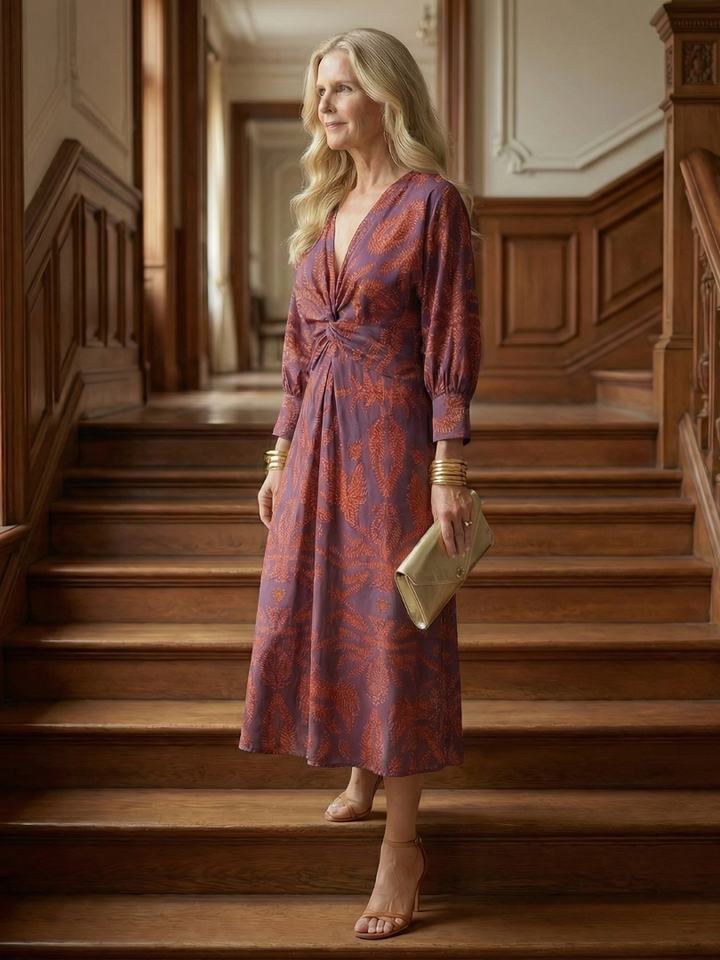 Camille | Robe midi élégante imprimée avec taille croisée et style raffiné