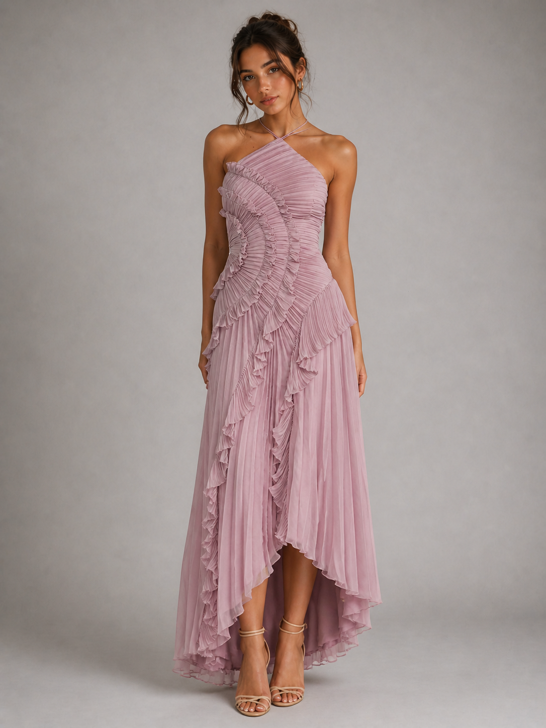 MIREVA – ROBE LONGUE PLISSÉE À VOLANTS ROSE POUDRÉ