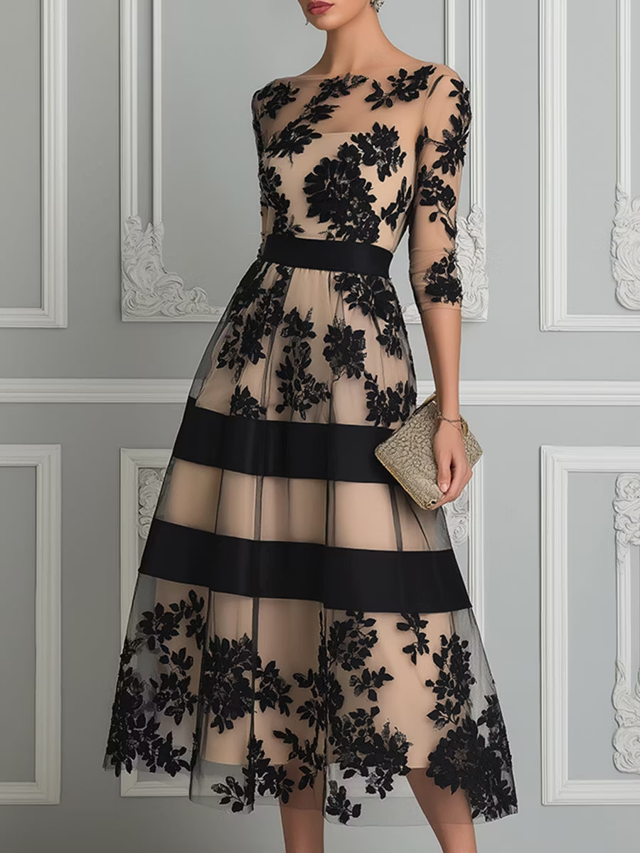 Juliette™ | Robe midi élégante à fleurs et détails transparents