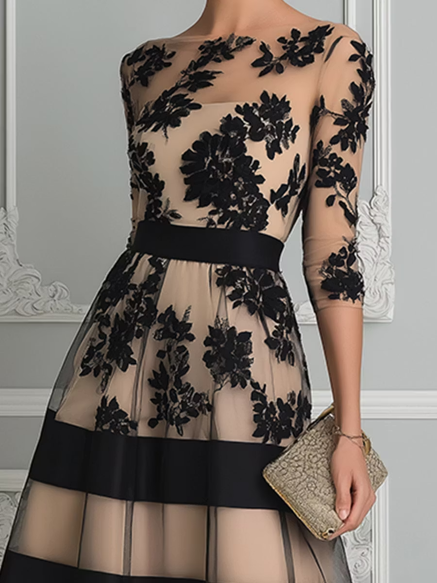 Juliette™ | Robe midi élégante à fleurs et détails transparents
