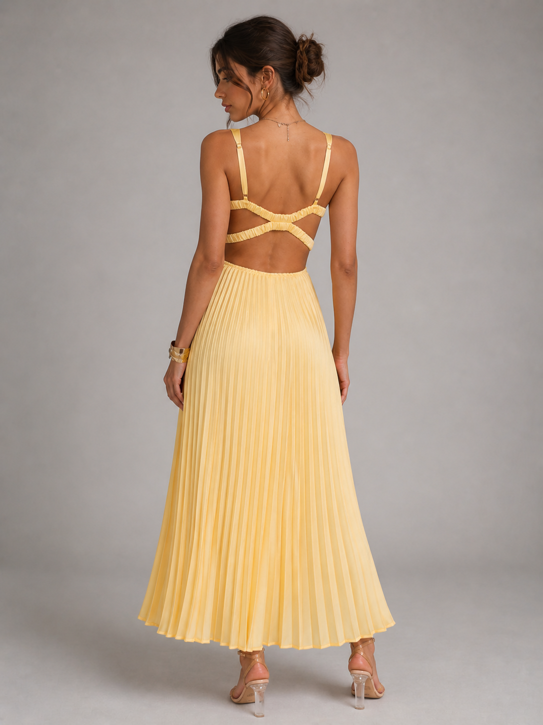 LINA - ROBE LONGUE PLISSÉE DOS NU JAUNE PASTEL