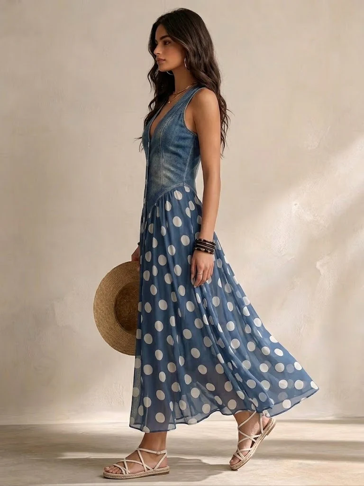 Simone | Robe Midi en Denim et Voile à Pois