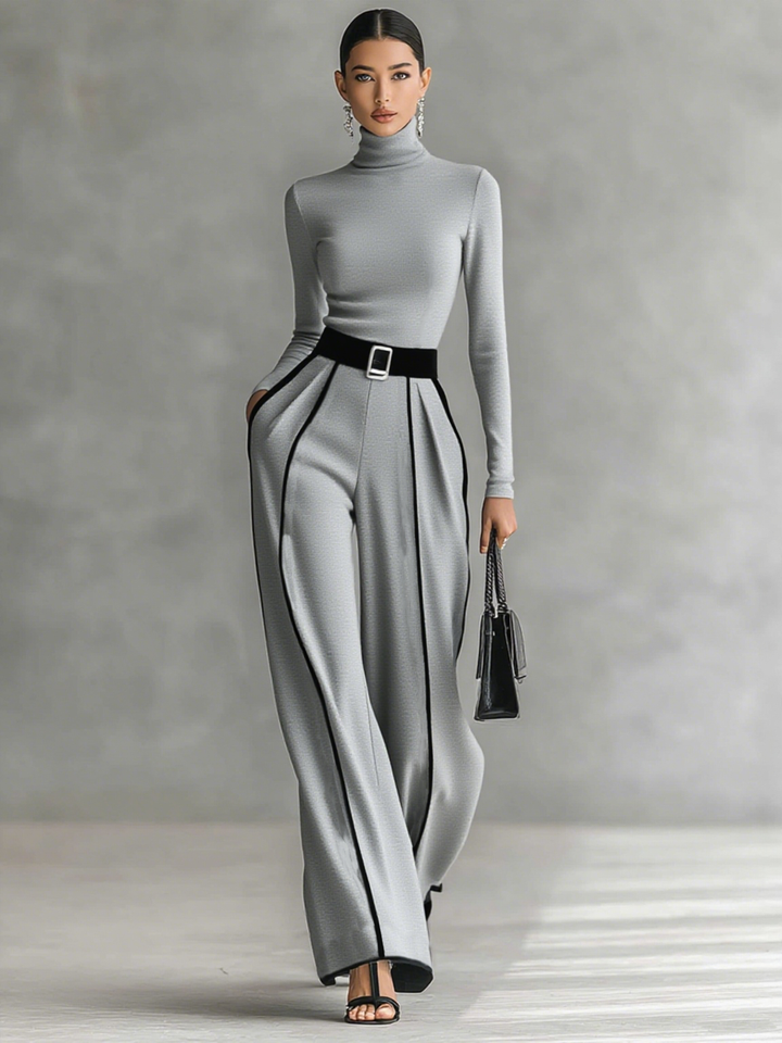 Ensemble 2 pièces à col montant et pantalon large ceinturé