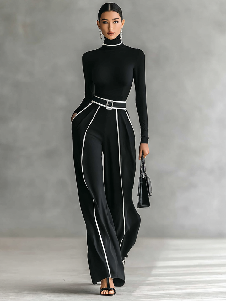 Ensemble 2 pièces à col montant et pantalon large ceinturé