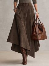 Amélie ensemble top et jupe effet daim taupe – détail jupe asymétrique