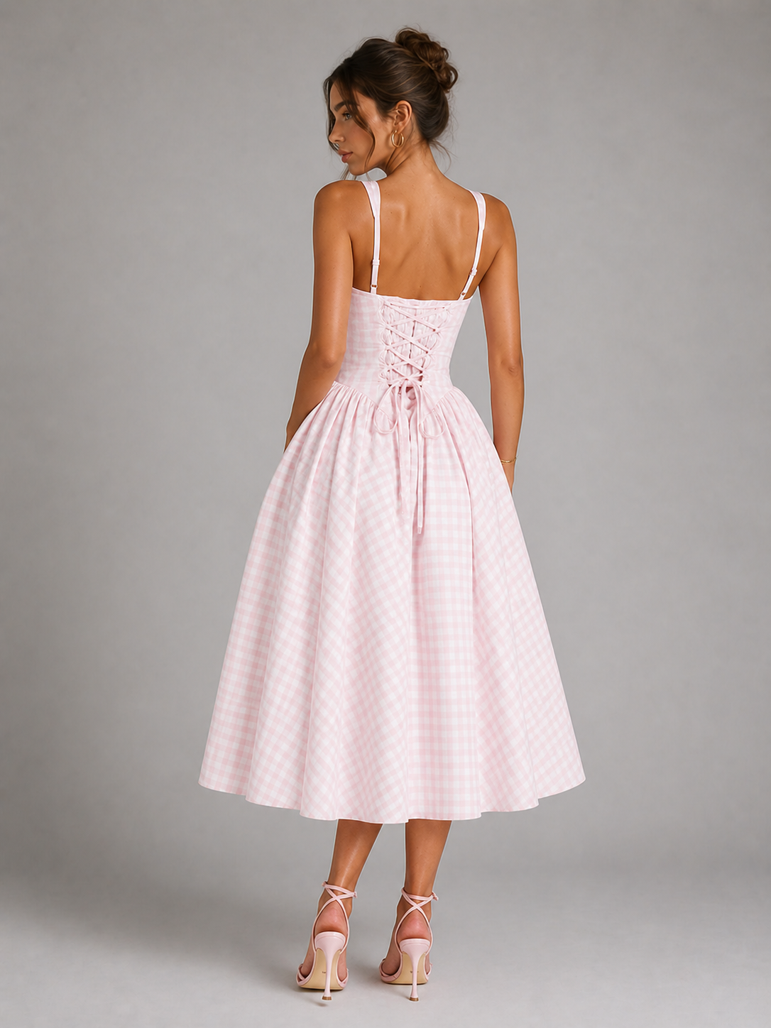 DAHLIANE – ROBE MIDI VICHY ROMANTIQUE À LAÇAGE