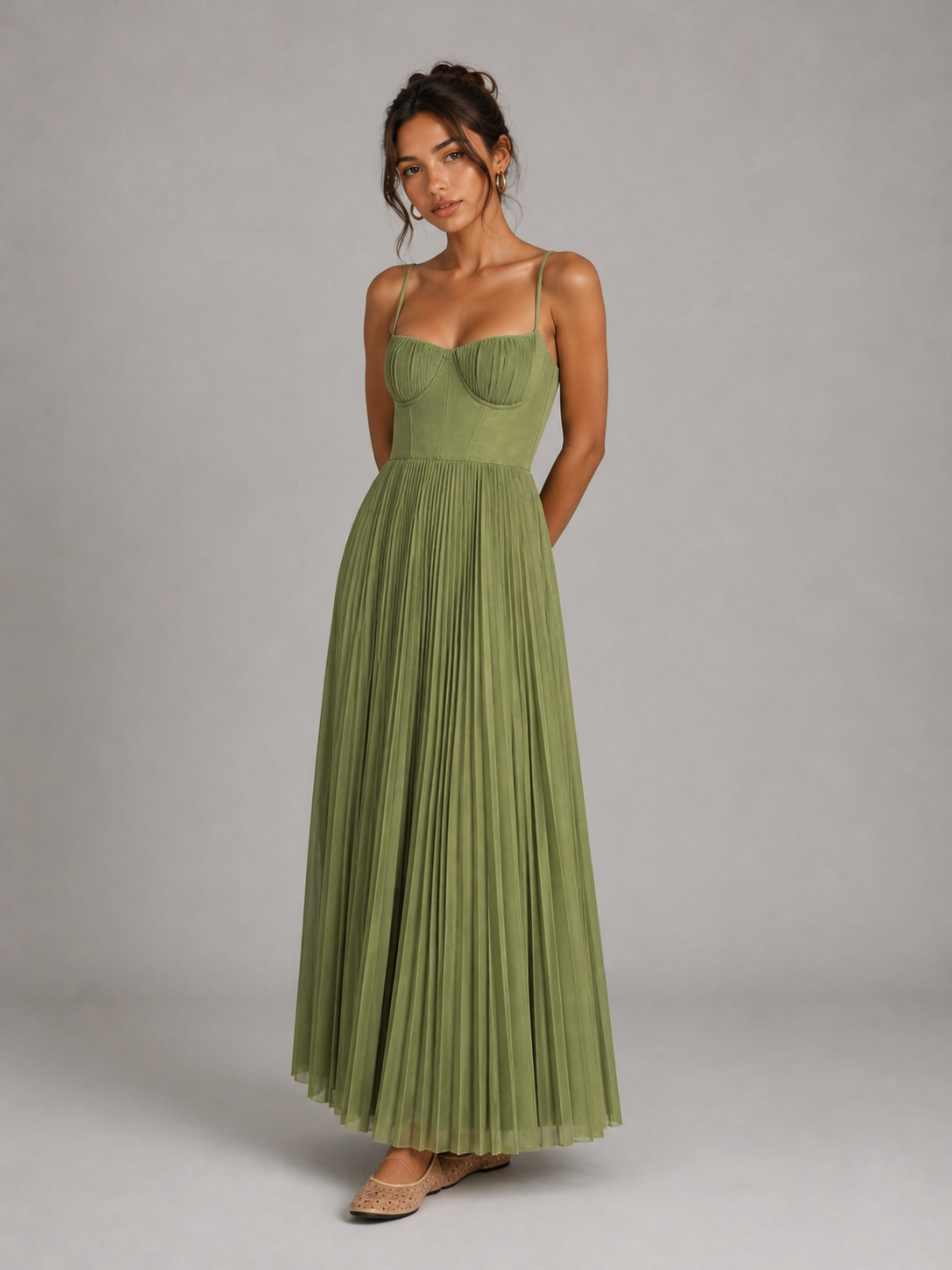 LORNA - ROBE MIDI PLISSÉE EN TULLE À FINES BRETELLES