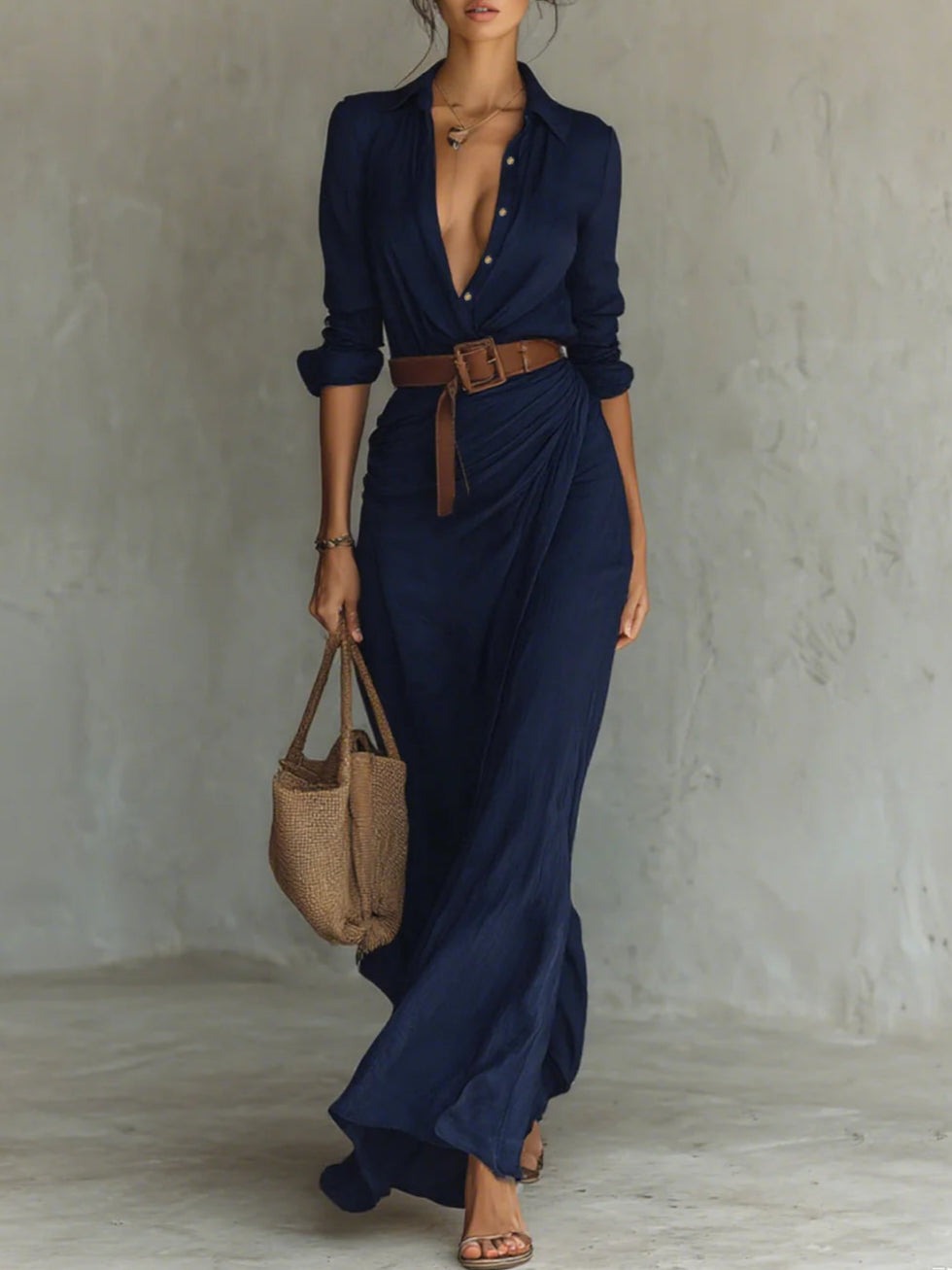 Robe longue ceinturée à manches longues et revers
