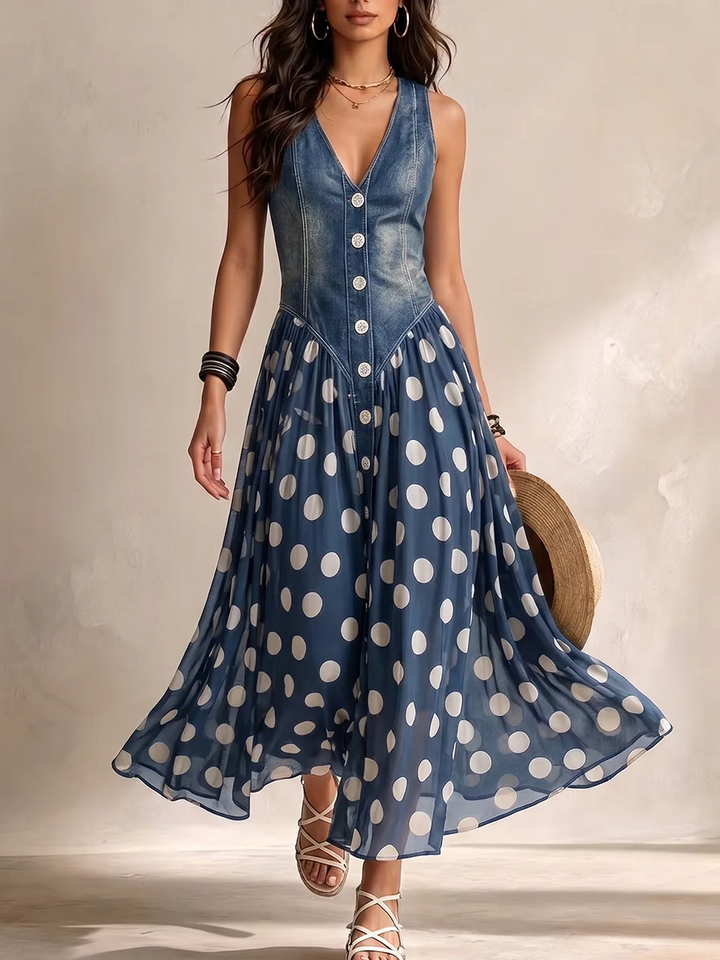 Simone | Robe Midi en Denim et Voile à Pois