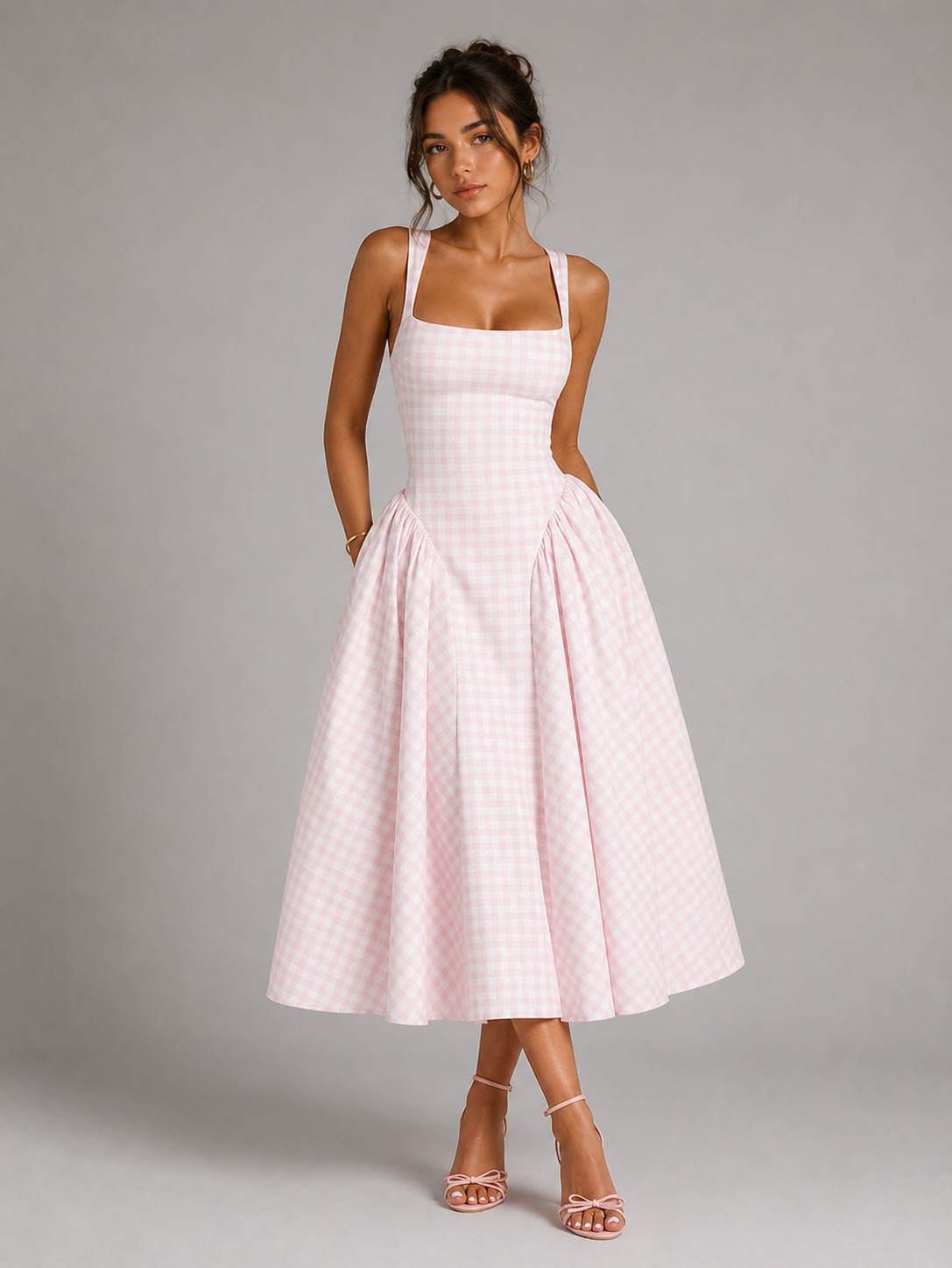 DAHLIANE – ROBE MIDI VICHY ROMANTIQUE À LAÇAGE