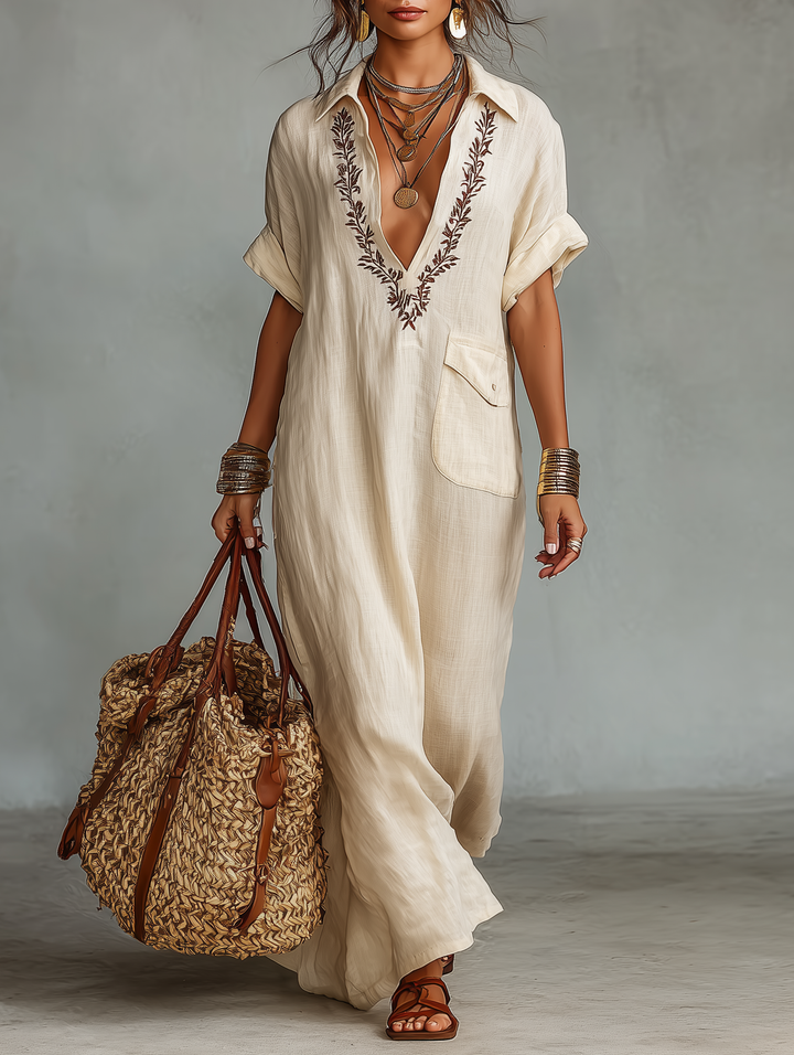 Camille | Robe longue bohème élégante avec broderie et coupe fluide