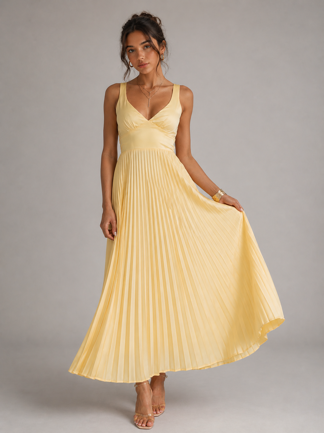 LINA - ROBE LONGUE PLISSÉE DOS NU JAUNE PASTEL