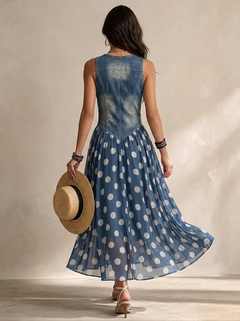 Simone | Robe Midi en Denim et Voile à Pois