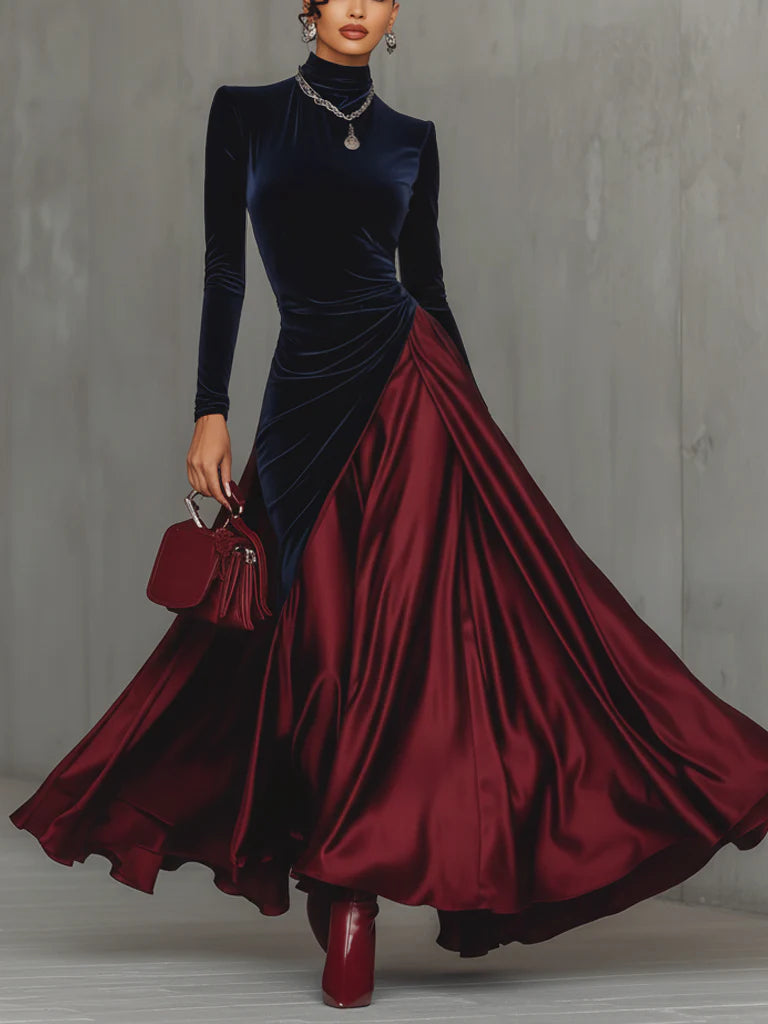 Margot robe longue bicolore velours bleu nuit et satin bordeaux – vue de face